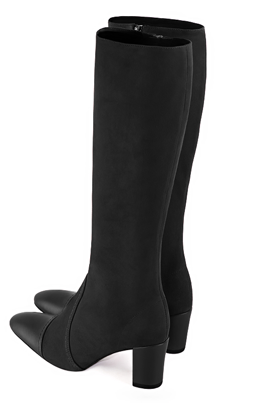 Satin black women's feminine knee-high boots. Round toe. Medium block heels. Made to measure. Rear view - Florence KOOIJMAN